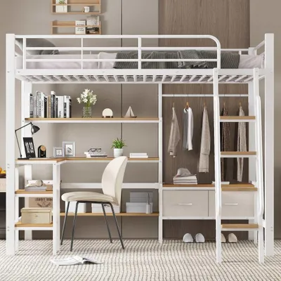 Zdjęcie produktu dla Metalowe łóżko loftowe z biurkiem i półką, w tym 2 pojemniki z tkaniny i schody, żelazo + MDF, w kolorze białym i naturalnym, 90x200 cm
