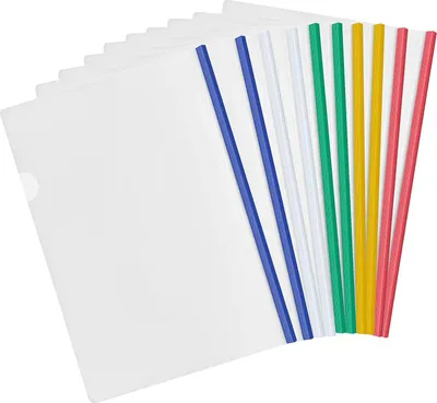 Produktbild von 10 durchsichtige A4-Mappen für Zuhause, Büro und Schule - Set von 10 Stück mit Schieberegler - Berichtshüllen zur Dokumentenklassifizierung - Plastikkartenmappe für Projektpräsentationen - Organizer mit Schieberegler - 5 Farben