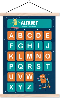 Produktbild von MuchoWow® Textilposter Kinderzimmer - Lernen - Alphabet - Mädchen - Kinder - Kinder 120x180 cm mit holzfarbenen Rahmen - Textil-Plakat