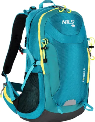 A teal and yellow backpack is shown against a white background.
