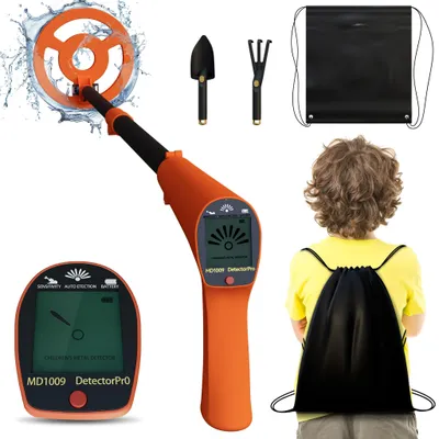 Obrázok produktu pre LZQ Detský detektor kovov Orange - nastaviteľný hľadač pokladov s vodotesnou 16,5 cm vyhľadávacou cievkou, LCD displejom, zvukovým signálom, vrátane lopaty a tašky na prenášanie
