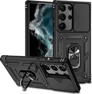 A black phone case with a sliding camera cover and a ring stand is shown from multiple angles against a white background.