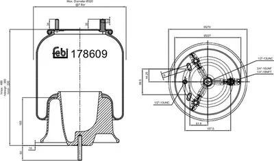 Zdjęcie produktu dla FEBI BILSTEIN Mieszek pneumatyczny 178609 Tylny Przedni 220 × 480 mm 270 × 227 mm