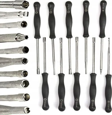 A set of 10 carburetor adjustment tools, including screwdrivers and socket wrenches, laid out on a white background.