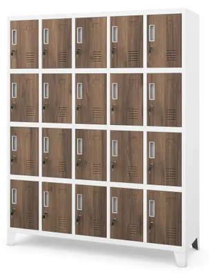 Produktbild von Umkleideschrank 5B4A Fächerschrank Schließfachschrank mit 20 Fächern Wertfachschrank Metall Pulverbeschichtung 172 cm x 136 cm x 45 cm Weiß / nussbraun