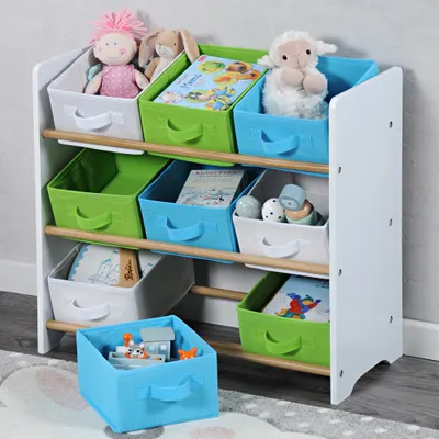 Produktbild von KESPER Aufbewahrungsregal weiß – 65x30x60cm – Kinderregal – mit 9 bunten Textilschubladen (weiß, blau, grün) – ideal für Kinderzimmer – 1771613