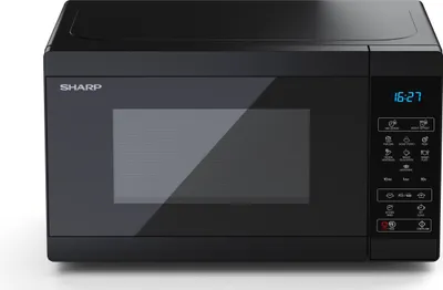 A studio shot of a black Sharp microwave oven.