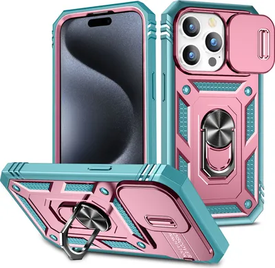 Produktbild von iPhone 15 Pro Hülle, Schiebe Kamera Schutz Robust Schutzhülle mit Ringhalterung Ständer Kartenhalter für iPhone 15 Pro Grün Pink