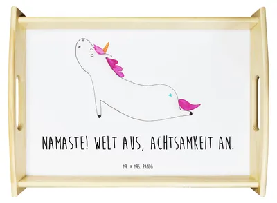 Produktbild von Mr. & Mrs. Panda Tablett Einhorn Yoga - Weiß - Geschenk, Namaste, Holztablett, für bett, Witzig, Deko, Einhörner, Unicorn, Servier, Sport, Sofa