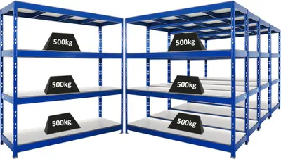 Produktbild von Mega Deal | 5x Profi Schwerlastregal Rhino | HxBxT 200x200x60cm | 4 Melamin-Ebenen 16mm | Fachlast 500kg | Blau