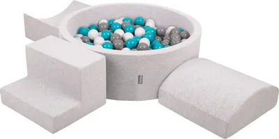 Obrázok produktu pre KiddyMoon Mäkké penové ihrisko pre deti s guľatým loptičkovým ihriskom (200 ∅ 7 cm) s mäkkými prekážkami a loptičkovým bazénom,  vyrobené v EÚ, Svetlo sivá:Grey/Biela/Tyrkysová, Verzia 6