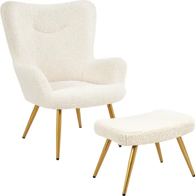 Produktbild von Yaheetech Ohrensessel Fernsehsessel mit Hocker Polyester-Bezug, Armlehnensessel Polstersessel Relaxsessel Cocktailsessel Teddy-Plüsch Stilvolles Design Weiß