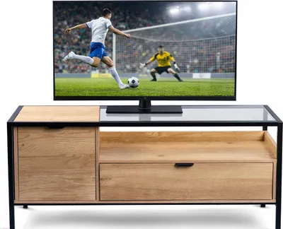 Produktbild von TV-Rack 120cm Fernsehschrank mdf Eiche Nachbildung Sicherheitsglas #4510