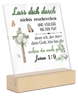 Produktbild von Acryl Tischdeko Schild mit Bibelvers Josua 1:9, christliches Geschenk mit Kreuz, Schmetterlingen und Blumen