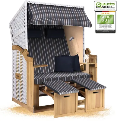 Produktbild von Strandkorb Ostsee 2-Sitzer 120cm breit in Weiß Beige Blau Braun Gestreift montiert, ideal für Balkon, Terrasse oder Garten