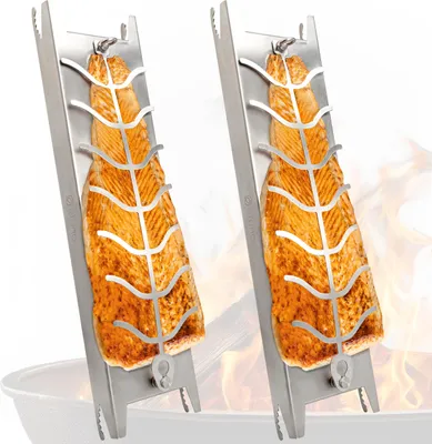 Image de eluno XXL Support à saumon flambé, lot de 2 en acier inoxydable, pivotant à 180° - Planche à saumon flambé avec 5 angles d'inclinaison réglables