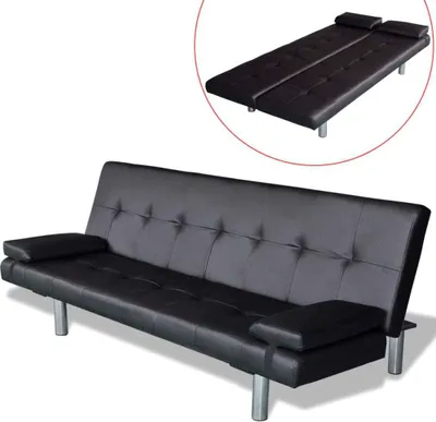 Zdjęcie produktu dla The Living Store Sofa rozkładana z 2 poduszkami ze sztucznej skóry, czarna
