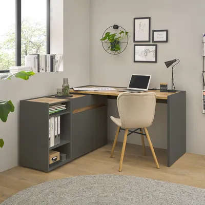 Produktbild von Büromöbel Set anthrazit mit Eiche CRISP-61 modern 3-teilig mit Schreibtisch