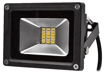 A close-up studio shot of a black LED floodlight with a silver reflector and yellow LED lights.