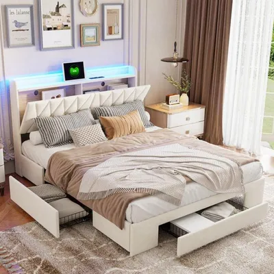 Obrázok produktu pre Manželská posteľ 140x200 cm - Čalúnená zamatom, s úložným priestorom, LED osvetlením a USB portom