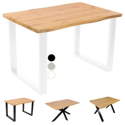 Produktbild von Esstisch Dua | 140 x 80 cm | Holz-Optik mit Baumkante in Wildeiche | U-Gestell Metall Weiß | 40 mm Tischplatte geteilt | Tisch für Esszimmer & Küche