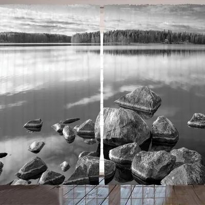 Produktbild von ARANDE Schwarz und weiß Gardine, Felsen Im Wasser Am Ufer Der See Herbst Isolierungs Ruhe Umwelt, 280 x 225 cm, Weiß Schwarz