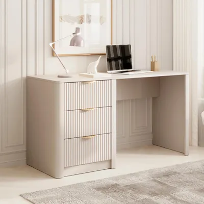 Produktbild von Schreibtisch Bürotisch FLORE 140 cm Beige Gold Geriffelt 3 Schubladen