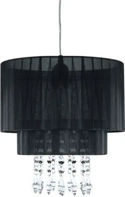A black tiered pendant light with crystal accents.