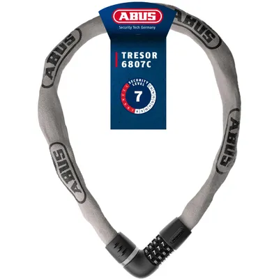 Produktbild von ABUS Kettenschloss Tresor 6807C - Zahlenschloss mit 360°-Bolzen, 7 mm starke Stahlkette, 4-stelliger Zahlencode - Fahrradschloss mit Sicherheitslevel 7 - Länge 110 cm, grau