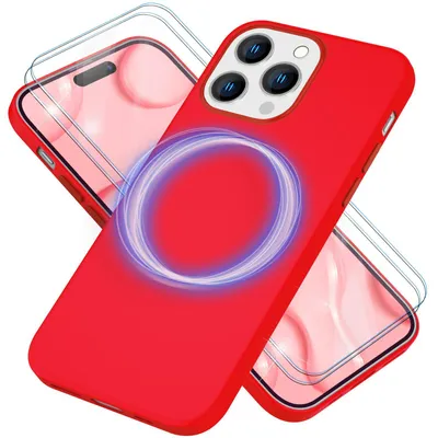 Produktbild von MagSafe Hülle mit 2x Schutz Glas für iPhone 14 Pro Max, Easy Clean Silikon Case Rot