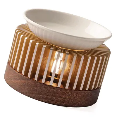 Produktbild von 2-in-1 Duftöl Lampe und Teekannenwärmer,Roségoldene Aromalampe aus Aluminium und Holz, ohne Strom,Teelicht Halter mit Keramikschale