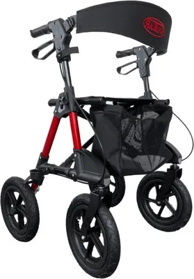 A product shot of a red and black rollator walker.