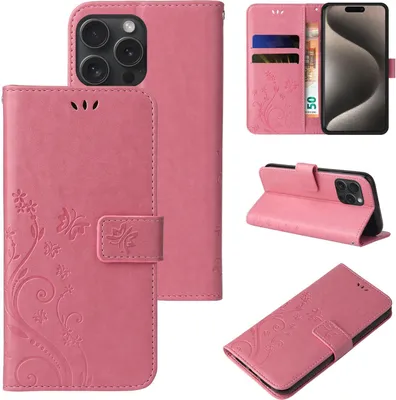 Produktbild von Handyhülle für Apple iPhone 16 Pro Max Floral Blumen Schmetterling Flip Cover Hülle Case Klapphülle Handytasche Farbe: Rosegold