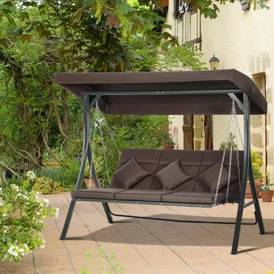 Produktbild von SUGIFT Gartenschaukel Texteline Eisen, Hollywoodschaukel 3-Sitzer mit Sonnendach, Braun  |  UV-Schutz verstellbar  |  bis 270 kg  |  198x118x168 cm