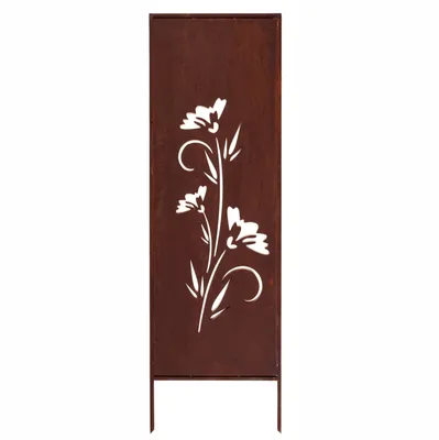 A decorative metal panel with a floral design, likely for garden use.