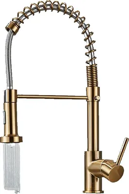 Obrázek produktu pro Bernd | Kuchyňská baterie v provedení „Gastronomie Gold“ s kartáčovaným povrchem a pružinovým mechanismem | Nerezová kuchyňská baterie pro bojler | Směšovací baterie otočná o 360° | Nízkotlaká baterie se 3 přípojkami