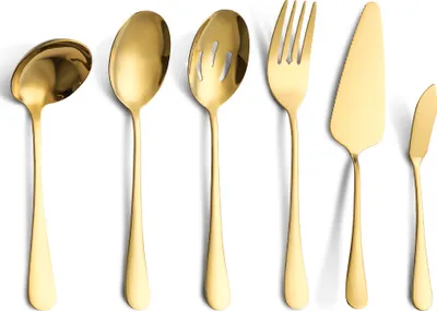 Produktbild von Gebrauchsgegenstände Edelstahl Besteckset, Tafelservice Löffel, Gabel, Sieb, Buttermesser (6-teilig, gold)