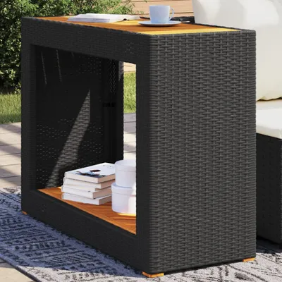 Produktbild von vidaXL Zahradní stolek s dřevěnou deskou z černého polyratanu