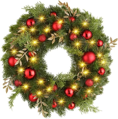 Productafbeelding van 40CM Kerstkrans met 40 LED warm wit - Kerstkrans deurkrans Kunstkrans met goudkleurig glazuur - Werkt op batterijen