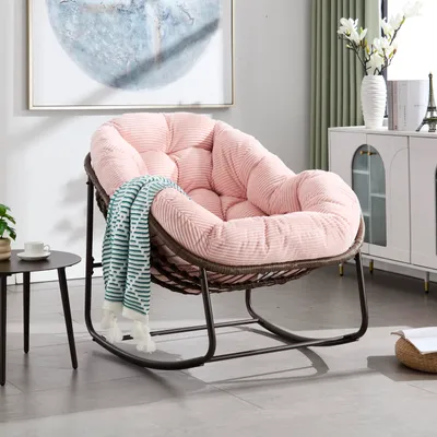Produktbild von Outdoor Rattan Schaukelstuhl mit Polster & Lehne, rosa Rocking Chair für Vordereingang, Wohnzimmer, Terrasse & Garten