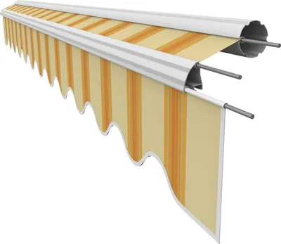 A close-up, studio shot of a retractable awning fabric with a striped pattern.