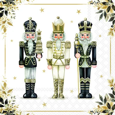 Produktbild von 20 Servietten Royal Nutcrackers - Nussknacker-Trio in schwarz-gold 33x33cm
