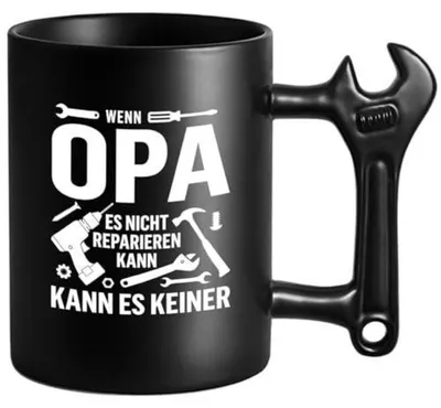 Produktbild von Kaffeetasse mit Schraubenschlüssel-Griff Keramik 350ml Schwarz Geschenk für Opa