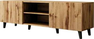 A wooden TV lowboard with black legs against a white background.