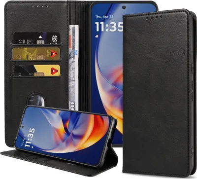 Obrázek produktu pro Vhodné pro Motorola Edge 50 Neo Pouzdro na telefon z umělé kůže s magnetickým zapínáním a držákem karet Bookcase with Flap - Peněženkové pouzdro s přihrádkou na karty - Black - Smartphonica