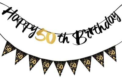 50. Geburtstag Banner Schwarz Gold, Happy 50th Birthday Wimpelkette