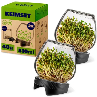Produktbild von KADAX Sprossengläser 510 ml, 2er Set, Keimgläser mit Siebdeckel Ø 82 mm für frische Sprossen, Anzuchtgläser für Radieschen, Brokkoli & Kresse, inkl. Radieschensamen