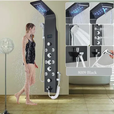 Produktbild von LED Duschpaneel - Duschsystem 8009 - Regendusche und Wasserfall - Massagejets und Handbrause - Wannenauslauf - Blaues LED-Licht - 3-Griff Mischer - Schwarz