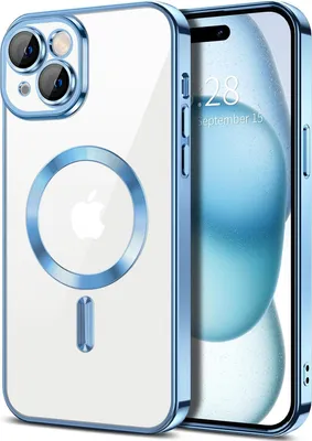 Image de Coque magnétique transparente pour iPhone 15, compatible MagSafe, étui de protection galvanisé avec protection de l'appareil photo Bleu clair