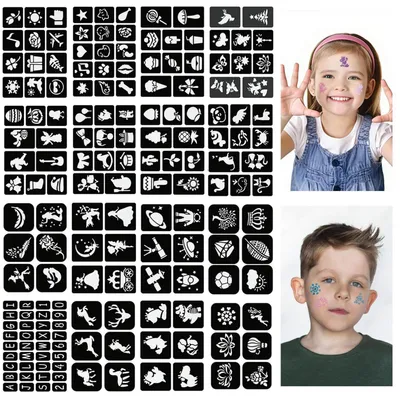 Produktbild von Tattoo Schablonen Kinder, 16 Blatt Glitzertattoos Schablonen Wiederverwendbare, Kinderschminke Schablonen für Halloween Maskerade